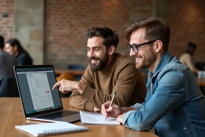 Deux collègues collaborant pour publier une annonce gratuite en ligne dans un espace de coworking