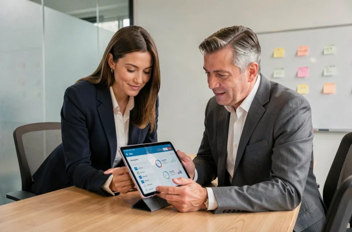 Deux collègues consultant ensemble une interface de gestion RH sur tablette en salle de réunion