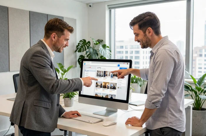 Deux collègues explorant ensemble les différentes pages et sections du site Eklectik dans un bureau moderne