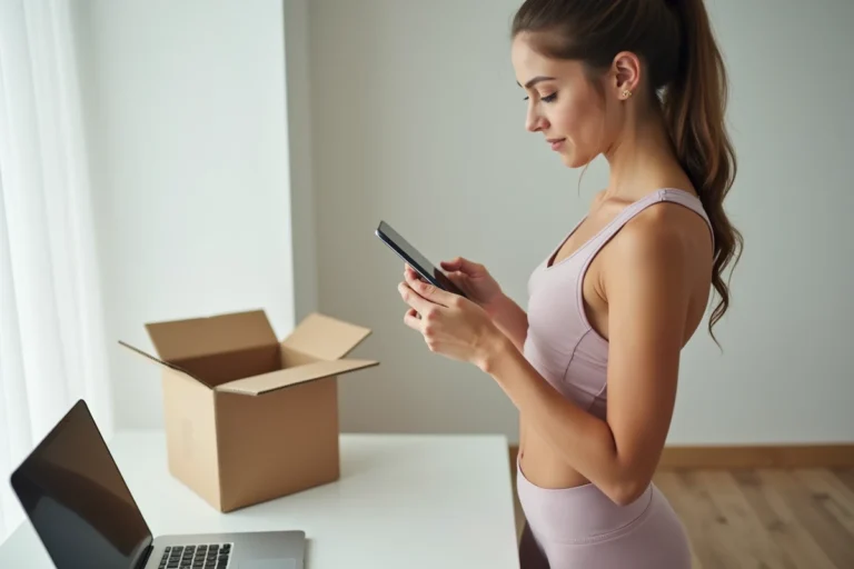 Femme consultant son téléphone après réception d'une commande Halara avec colis ouvert sur le bureau