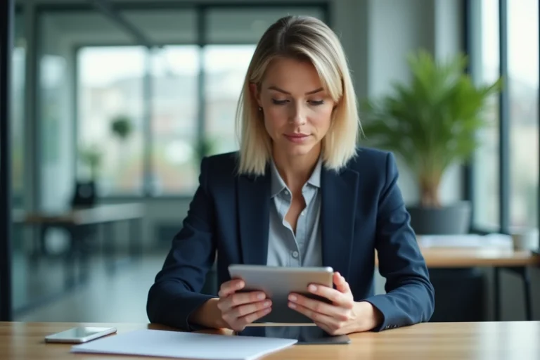 Employée de La Poste comparant l'application Ma Box RH et GTM sur tablette et smartphone dans un bureau moderne