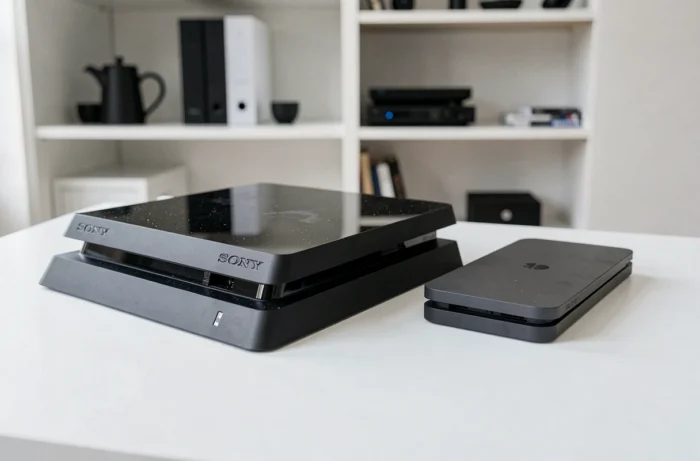 Comparaison de la PS4 Fat et de la PS4 Slim côte à côte sur un bureau blanc, mettant en évidence leurs différences de taille et de design