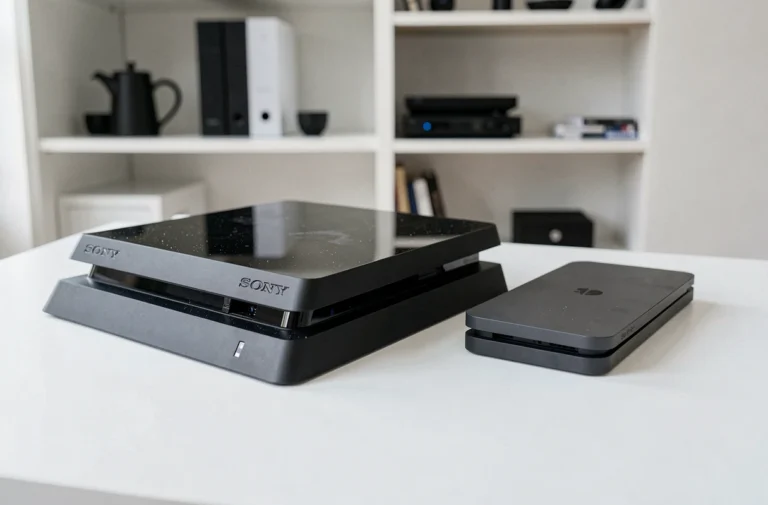 Comparaison de la PS4 Fat et de la PS4 Slim côte à côte sur un bureau blanc, mettant en évidence leurs différences de taille et de design