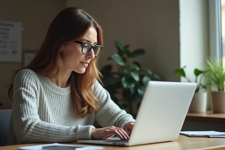 Femme connectée sur le portail MyFoncia depuis son bureau à domicile, saisissant ses identifiants sur un ordinateur portable
