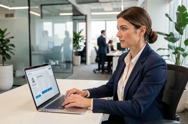 Femme professionnelle se connectant à un portail RH sur ordinateur portable dans un bureau moderne