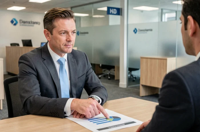 Conseiller bancaire masculin présentant un document de stratégie financière à un client dans un bureau de banque moderne, illustrant les conseils pour anticiper la fermeture d'établissements bancaires en 2025