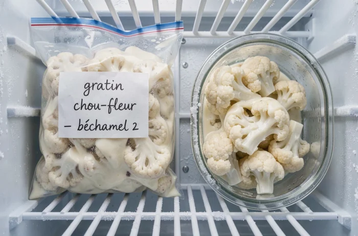 Portions de gratin de chou-fleur à la béchamel étiquetées et conservées dans un congélateur sur une étagère givrée
