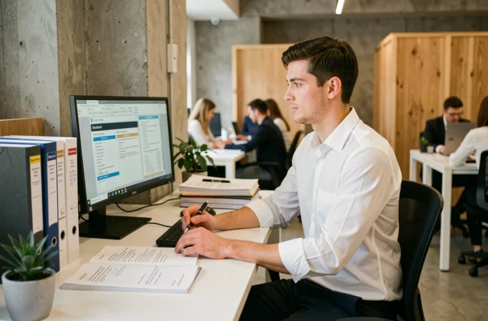 Consultant juridique junior étudiant des réglementations européennes pour conseiller des entreprises dans un espace de travail moderne