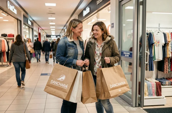 Couple souriant sortant d'un magasin de vêtements à Dancharia avec des sacs de shopping remplis