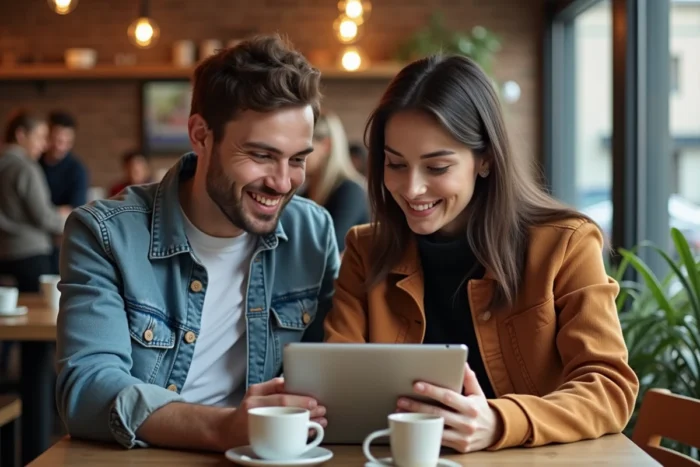 Deux personnes dans un café consultant une tablette pour gérer un transfert de solde Amazon