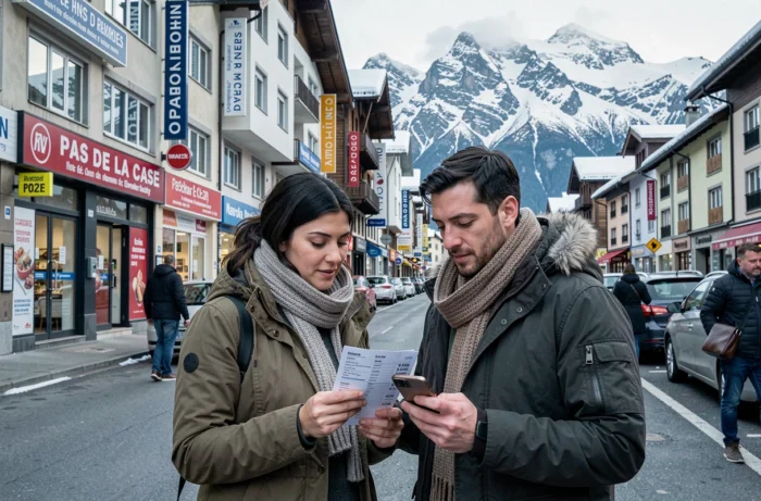 Couple comparant les prix devant les boutiques du Pas de la Case en Andorre sous un paysage de montagne enneigé