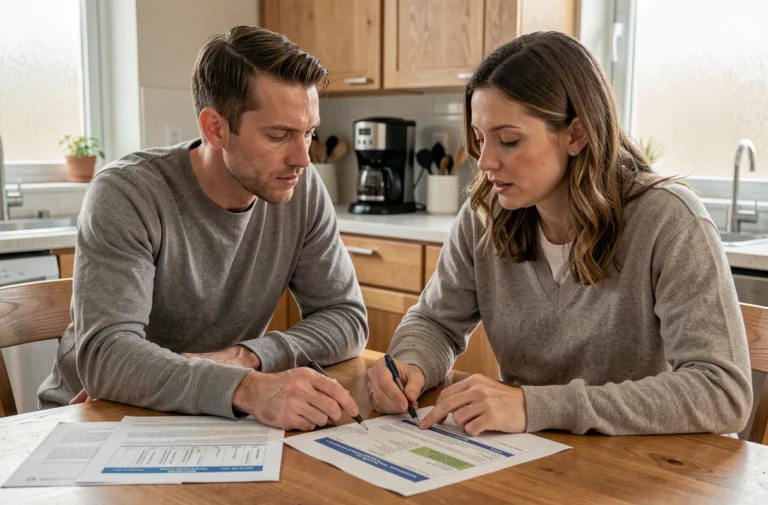 Couple étudiant des documents de prêt immobilier à leur table de cuisine en bois