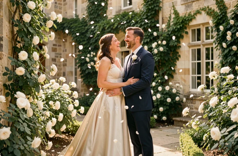 Couple de mariés élégants riant dans un jardin fleuri de château français pour un mariage inoubliable