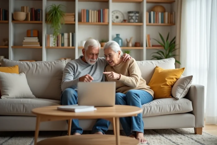 Couple de seniors naviguant ensemble sur MyFoncia depuis leur salon pour gérer leur espace locataire en ligne