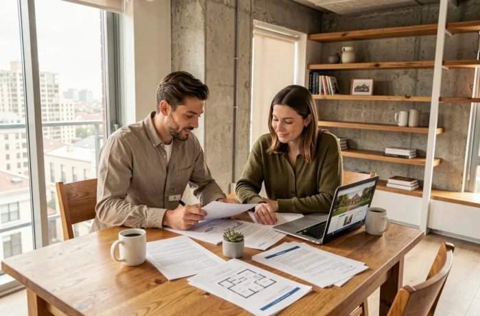 Couple étudiant des documents immobiliers et plans de propriété dans un appartement contemporain