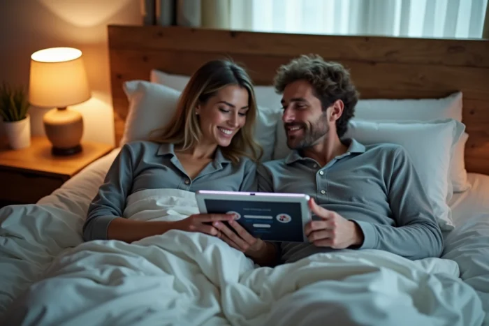 Couple regardant un film en streaming sur tablette sans inscription depuis leur chambre