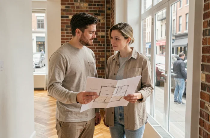 Couple visitant un appartement moderne lors d'une recherche immobilière, consultant un plan au sol à l'entrée