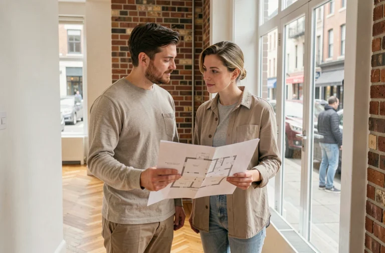 Couple visitant un appartement moderne lors d'une recherche immobilière, consultant un plan au sol à l'entrée