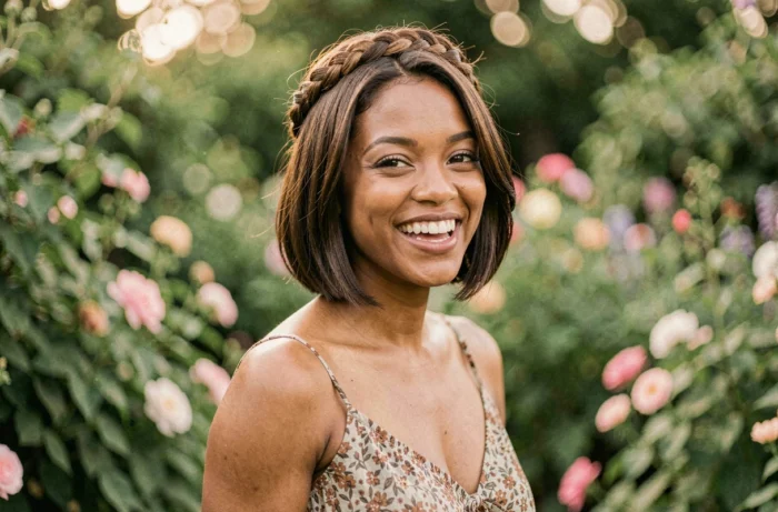 Couronne tressée encerclant un bob court, style romantique et naturel