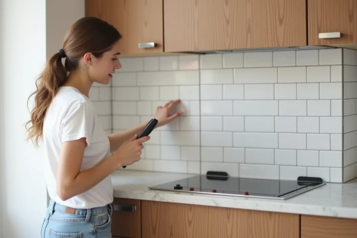 Pose d'une crédence adhésive à motif métro blanc mat dans une petite cuisine entre plan de travail et meubles hauts