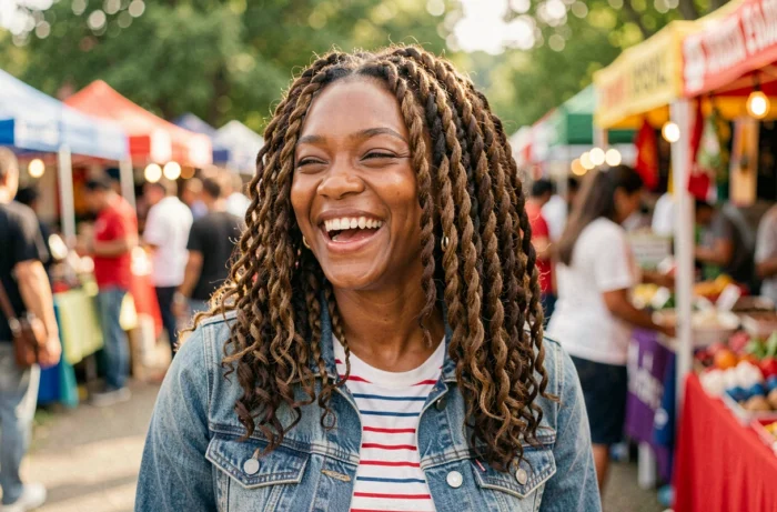 Crochet braids volumineuses installées sur une base courte naturelle, style décontracté