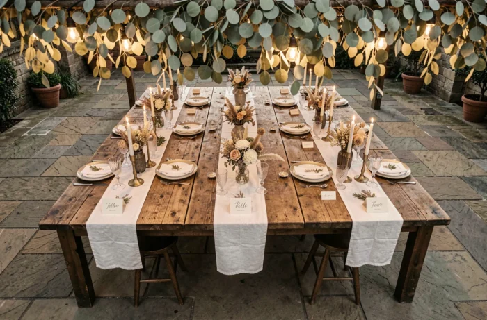Décoration de table de mariage champêtre avec guirlandes d'eucalyptus et verrerie vintage en extérieur