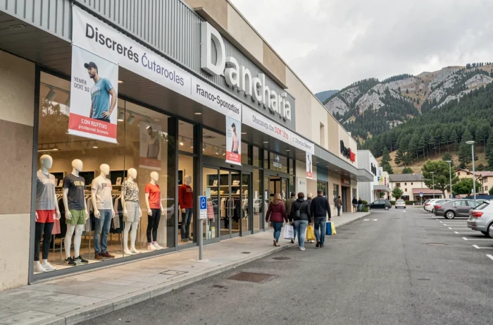 Devanture d'un magasin de vêtements à Dancharia avec des touristes à l'entrée et les Pyrénées en arrière-plan