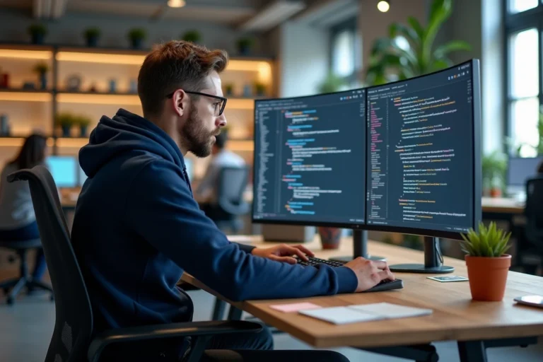 Développeur logiciel analysant des suggestions de code générées par intelligence artificielle sur un grand écran ultrawide dans un bureau tech moderne