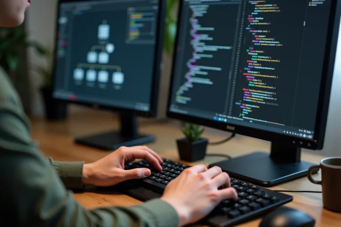 Développeur web consultant un fichier XML de sitemap sur deux écrans dans un bureau à domicile