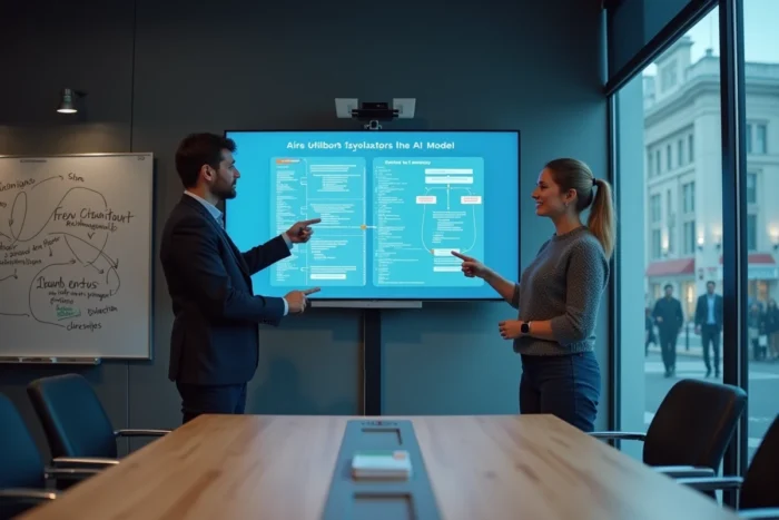 Deux développeurs collaborant lors d'un atelier de formation sur l'intelligence artificielle devant un écran interactif affichant un pipeline de modèle IA