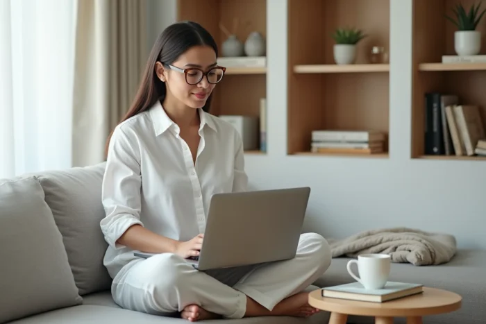 Développeuse en télétravail explorant une plateforme de codage assistée par IA depuis son bureau à domicile avec un ordinateur portable