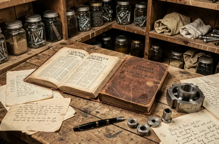 Dictionnaire de jargon automobile ouvert sur un établi avec des pièces mécaniques, évoquant l'étymologie et l'origine du mot camtar