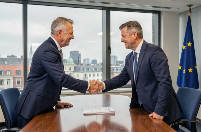 Deux dirigeants d'entreprise signant un contrat commercial dans un bureau d'affaires européen à Bruxelles