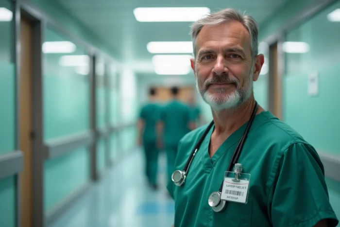 Médecin homme en tenue chirurgicale verte dans un couloir d'hôpital professionnel