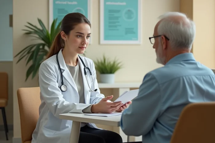 Jeune docteure en consultation avec un patient âgé dans un cabinet de médecine générale