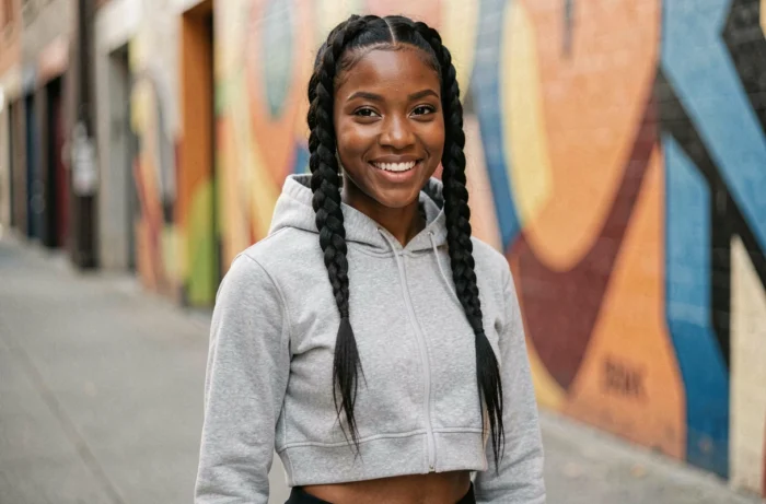 Double dutch braids symétriques et serrées sur cheveux courts naturels, style sportif