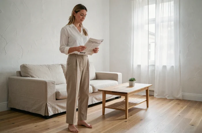Femme debout pieds nus dans un appartement français lisant une brochure sur le droit du commerce numérique et la vente de photos de pieds