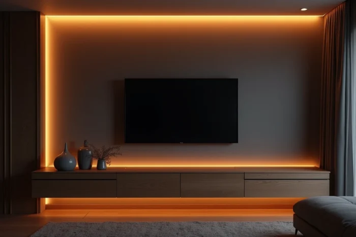 Éclairage indirect créé par bandeaux LED dissimulés derrière un meuble TV flottant dans un salon moderne aux murs gris
