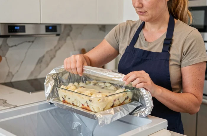 Femme emballant un gratin de chou-fleur dans du film alimentaire et du papier aluminium pour la congélation