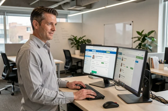 Employé masculin accédant à un tableau de bord RH sur double écran dans un espace de travail contemporain