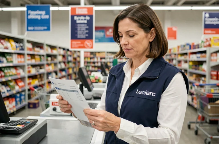 Employée Leclerc en tablier bleu consultant sa fiche de paie au niveau de la caisse du supermarché