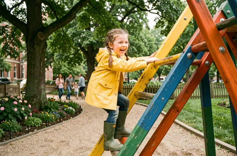 Jeune fille souriante en imperméable jaune grimpant sur une structure de jeux colorée dans un parc familial verdoyant
