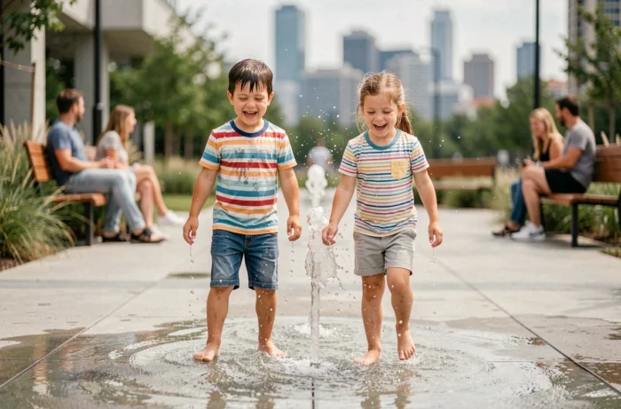 Deux enfants jouant pieds nus dans une fontaine interactive d'un parc urbain moderne par une journée d'été ensoleillée
