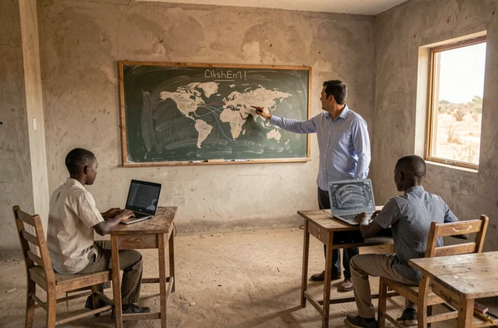 Un enseignant dans une salle de classe sous-équipée avec des élèves partageant un ordinateur, illustrant les inégalités d'accès numérique dans l'éducation