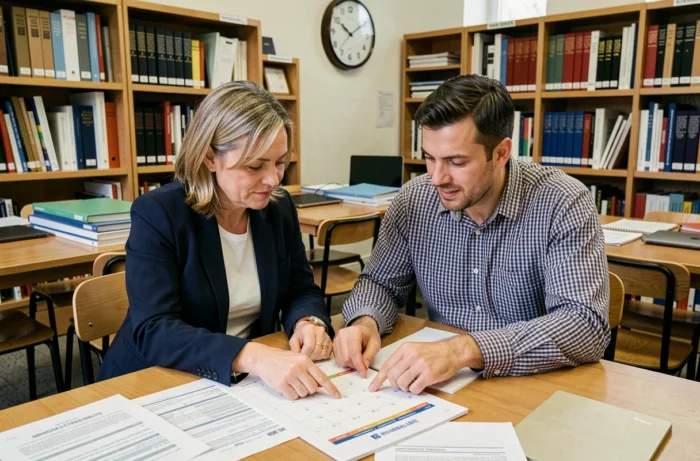Deux enseignants consultant ensemble un calendrier officiel et des documents relatifs aux dates de paiement du pacte net enseignant 2025