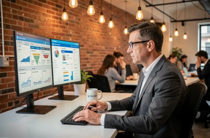 Entrepreneur analysant des données marketing et des indicateurs de croissance sur deux écrans dans un bureau de startup