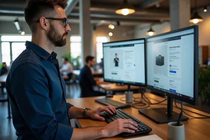 Entrepreneur masculin travaillant sur son business en ligne dans un espace de co-working moderne avec double écran