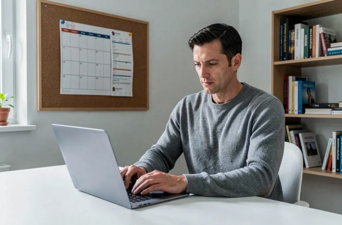 Entrepreneur concentré travaillant sur une stratégie de contenu digital depuis son bureau à domicile