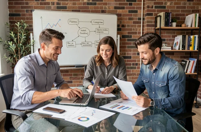 Équipe d'entrepreneurs collaborant autour d'un plan d'affaires avec tableaux financiers et diagrammes stratégiques dans une salle de réunion