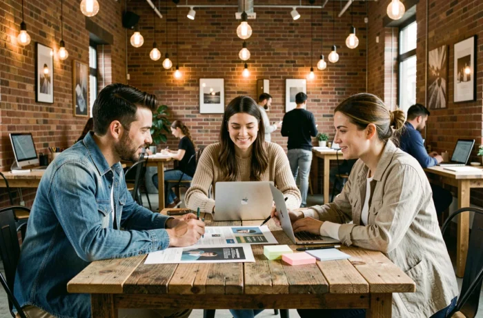 Équipe marketing diverse collaborant autour d'une table sur une campagne de visibilité en espace de coworking